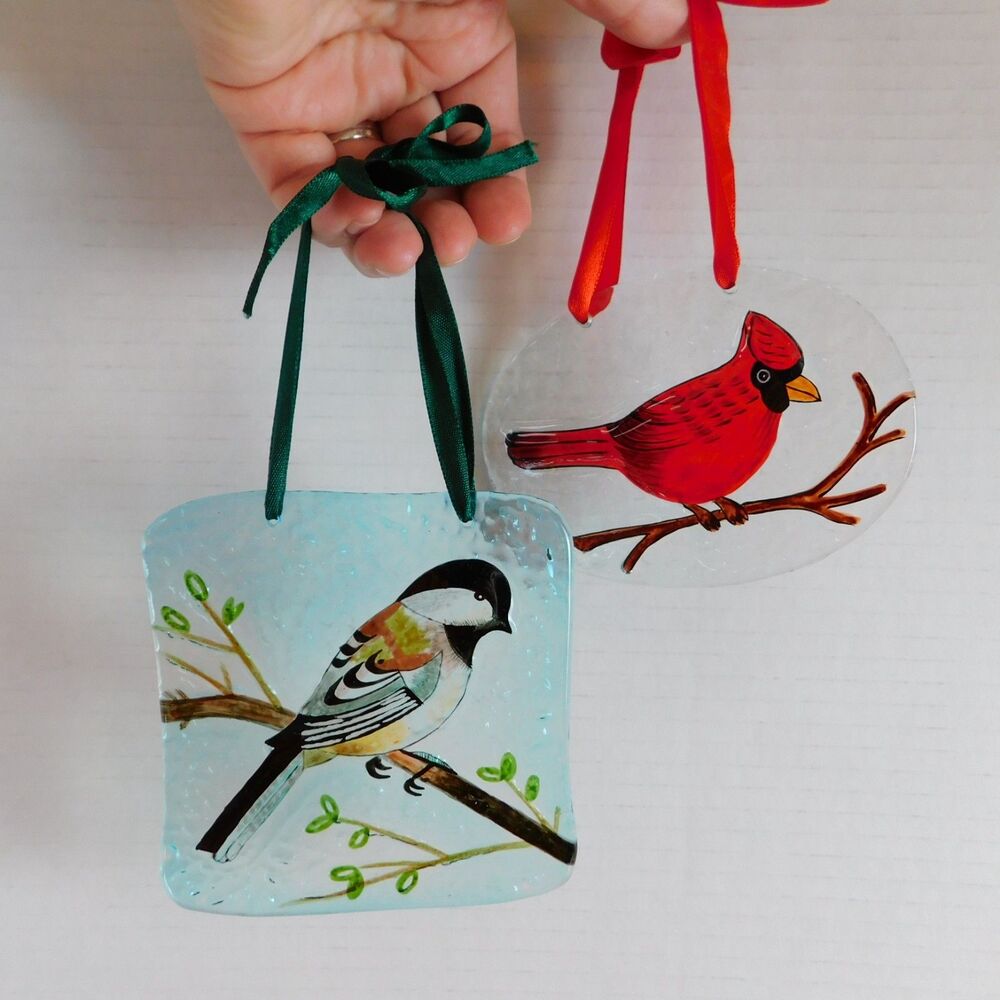 Fused Art Glass Birds Cardinal Chicadee Sun Catcher Lot of 2 Ornaments Decor EUC